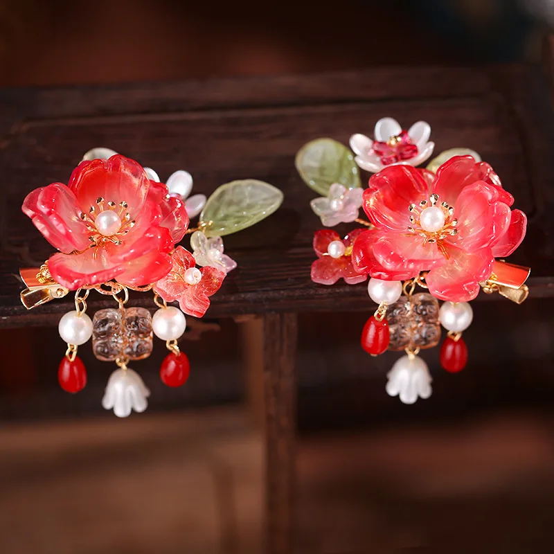 1 Paar Haarspangen mit Quasten, glasiertes Blumen-Stirnband für Hochzeit, Bankett, Party, Cheongsam, Haarschmuck und Kopfbedeckungen – Detail 3