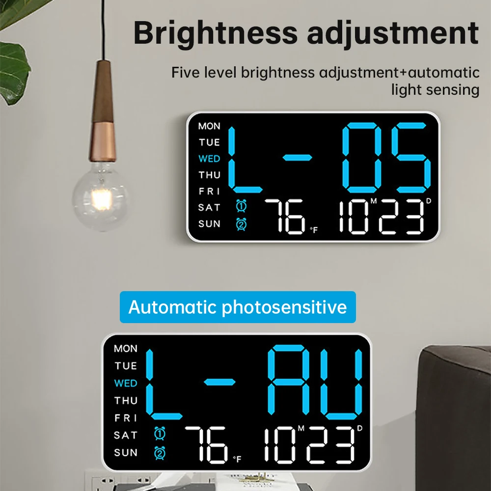 Large Digital Wall Clock Temperature Date Week Display 12/24H LED Alarm Clock Brightness Adjustment for Bedroom