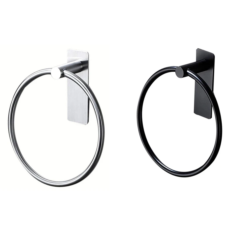 2 Pcs Towel Ring/Hand Towel Holder - Self Adhesive Round Towel Rack Hand Towel Bar For Bathroom, Silver & Black