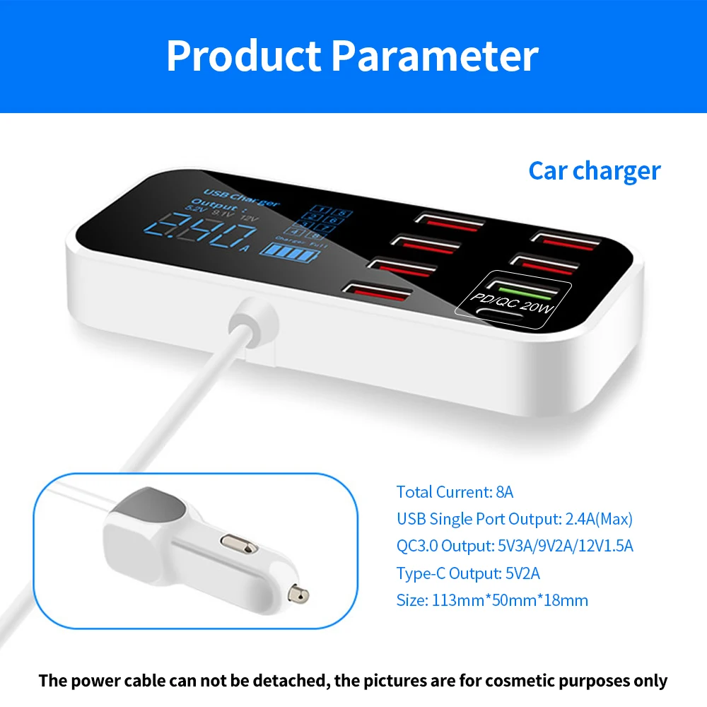 A9S+ 8 Port Car Charger with LED Display Type-C QC3.0 Quick Charging Intelligent Portable Safe Vehicle Charger Station