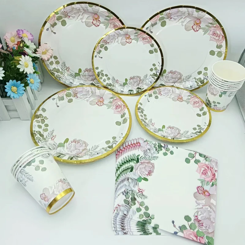 

Flower Disposable Tableware Paper Cup Plate Napkin For Tea Party Theme Bridal Shower Happy Birthday Wedding Party Decor Supplies