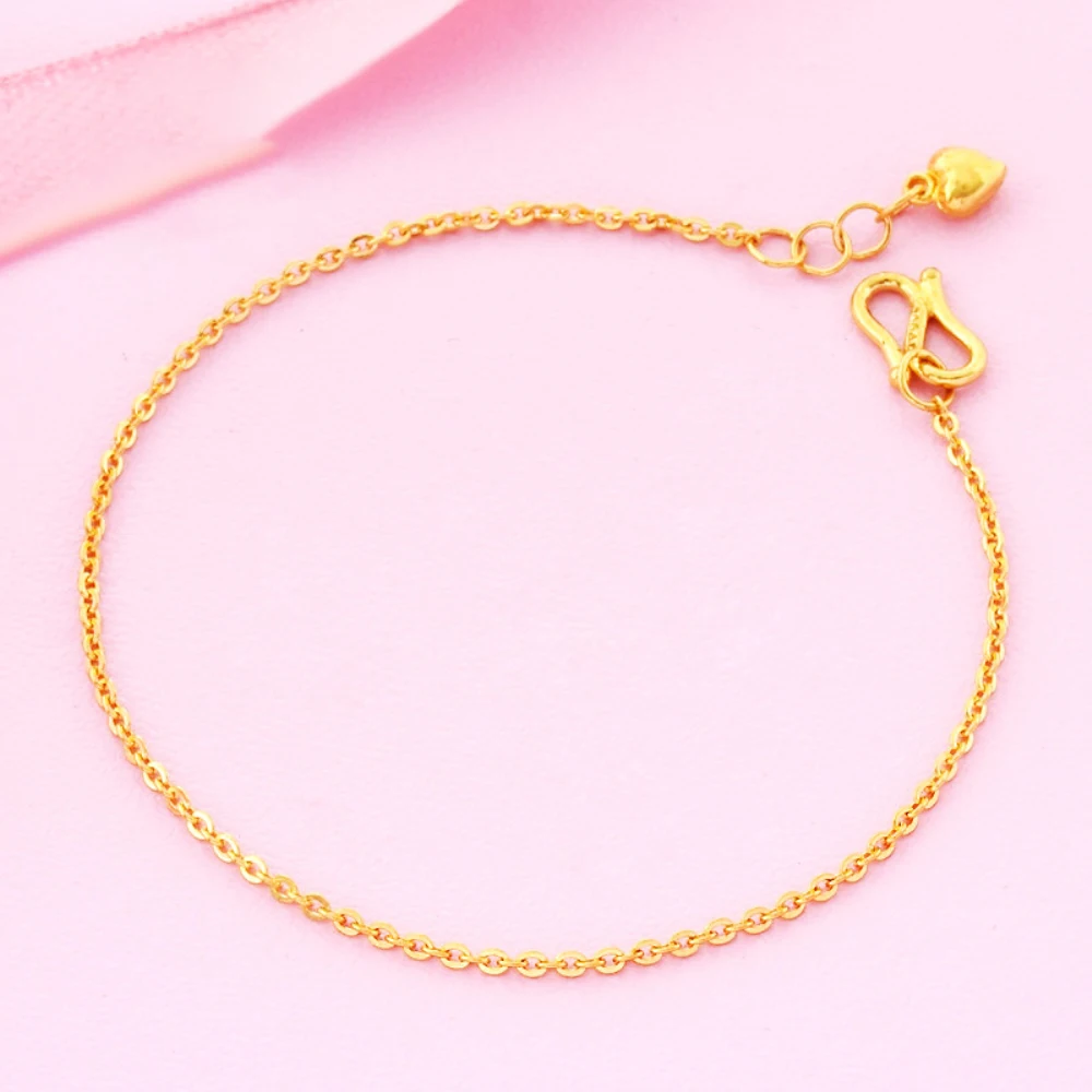 

New Pure Solid 24K Yellow Gold Women Lucky Heart Charm O Chain Bracelet 16cm