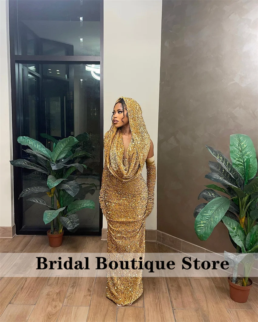 Gold Mermaid Prom Dresses With Cape Black Girls Evening Gown Wedding Party Birthday Gown With Gloves Customized