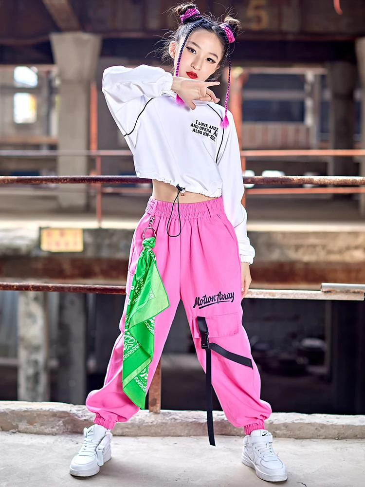 Modern Dance Clothes Girls Kpop Long Sleeves Outfit White Tops Pink Hip-Hop Dance  Pants Fashion Kids Costume Streetwear BL9085 - AliExpress