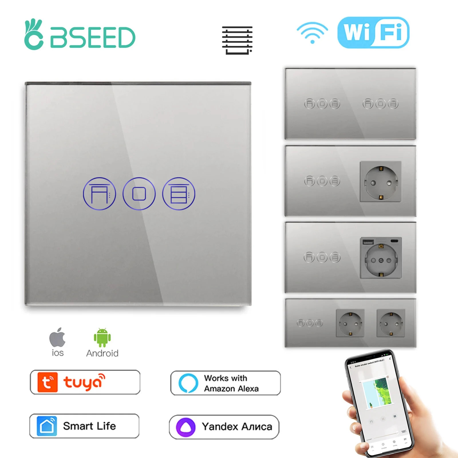 Smart Blinds Switch BSEED Wifi Roller Shutter with Touch Light EU Socket Type-c USB Tuya Smart Life Alexa Control
