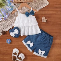 3Pcs Baby girl Lace Ruffled Camisole Top+Bow shorts+Heart mini bag Set suitable for 0-3 Year Baby girl Summer Fashion Set 1