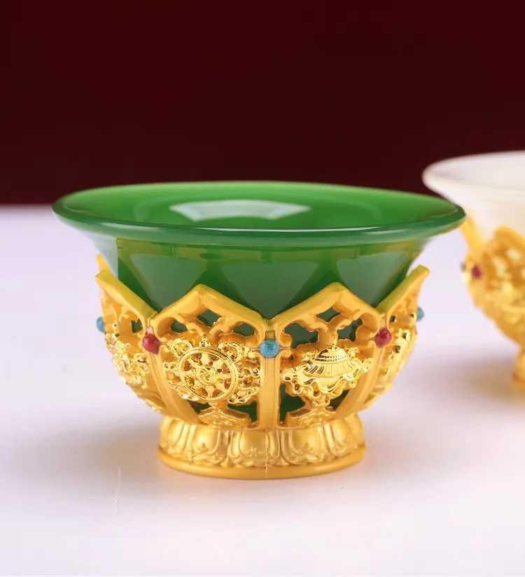 Golden Tibetan Ghee Bowl Zinc Alloy Tantric Holy Water Cup 8.5 cm Engraved Buddhist Green Stone Bowl Gift Desktop Decorative 4