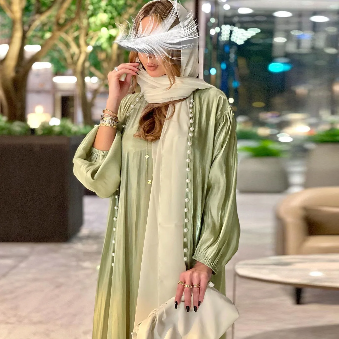 Kaftan Moroccan Abaya New Cardigan Muslim Set Beaded Satin Long Khimar Ramadan Gown Abayas Dress Two-piece Islamic Clothes