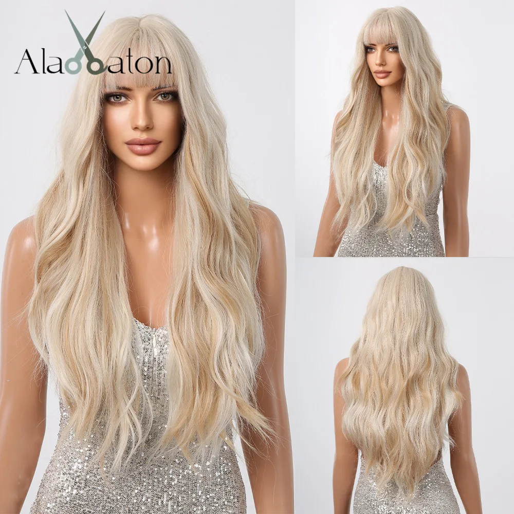 ALAN EATON Long Light Blonde Curly Wigs with Bangs Highlight Blonde Layered Wavy Synthetic Wig Colored Cosplay Hair for Women