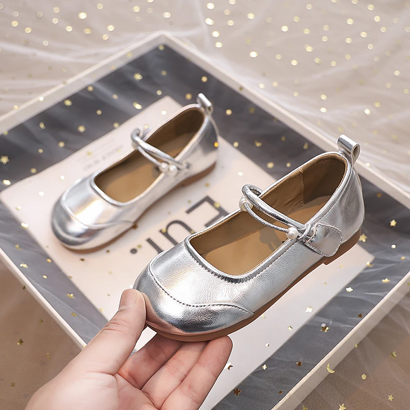 Leather Ballet Flats for Girls with Shiny Beads
