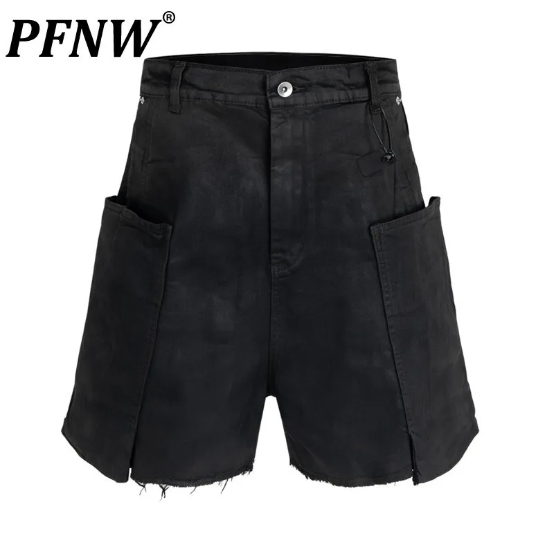PFNW American Vintage Raw-edge Denim Shorts With Frayed Moustache Effect Waxed Niche Design Black Knee Length Pants 28W6074