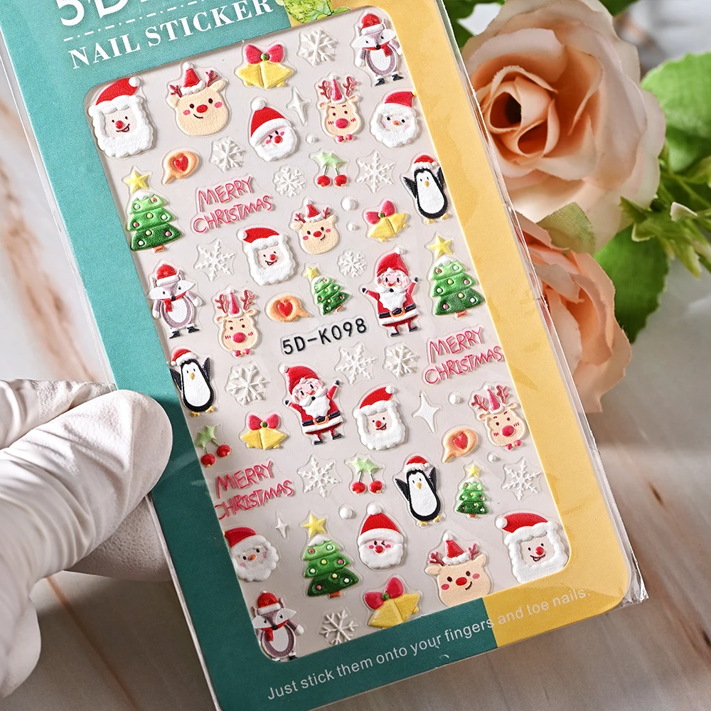 

5D Christmas Snowman Nail Stickers Kawaii Emboss Santa Claus Elk Tree Deer Bears Adhesive Slider DIY Manicure Xmas Relief Decal