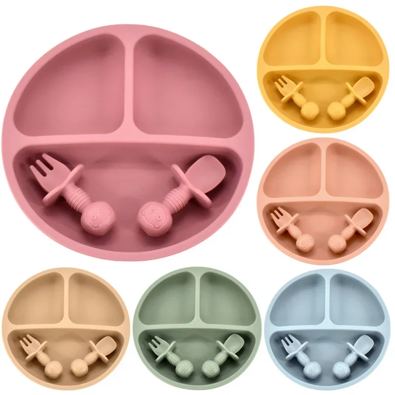 

Solid Silicon Plate Set Baby Snile plate set Kids Training Feeding Dinnerware Baby Learning Bear Head Spoon Fork Spoon BPA