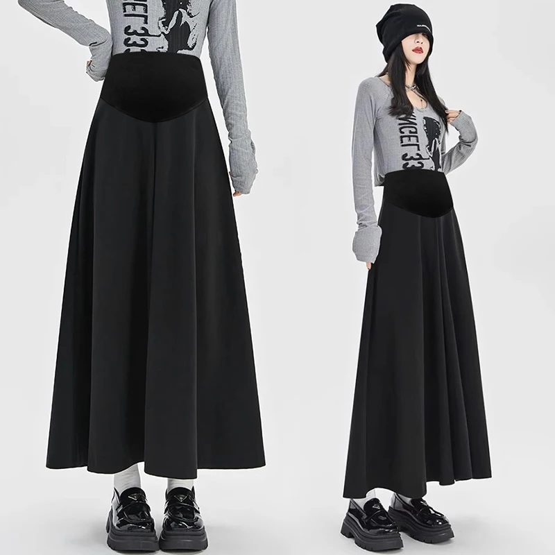 Dense Woolen Maternity Long Skirts Autumn Winter Fashion A Line Belly Big Bottoms Clothes for Pregnant Women Casual Pregnancy