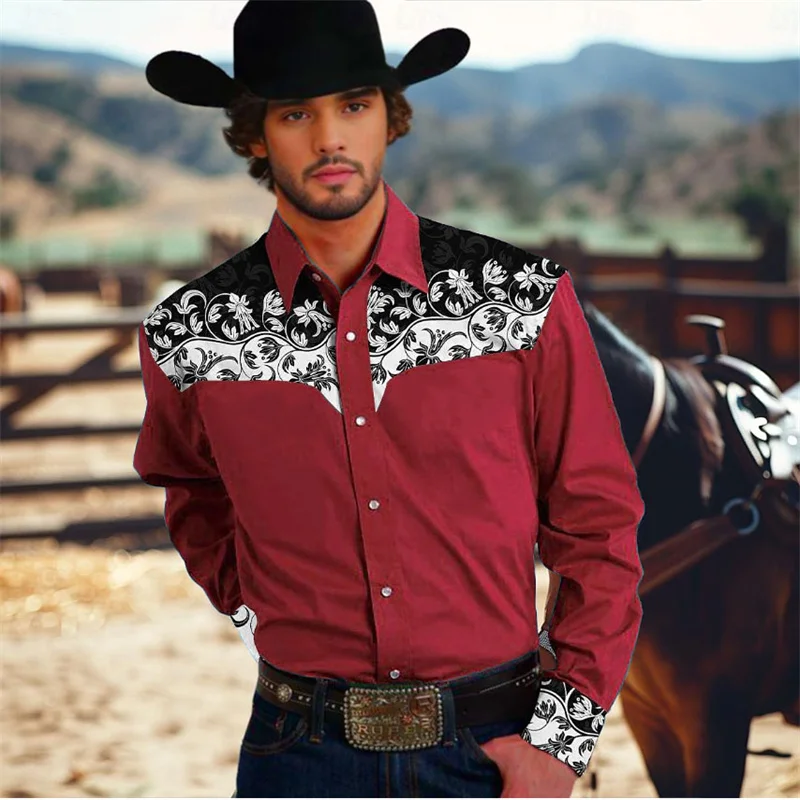 thumbnail image 1 of Camisa de hombre estilo occidental con estampado floral, para entrenamiento formal, boda, verano, primavera, manga larga, azul, tallas S-5XL, poliéster, talla europea 2024, 1 of 5