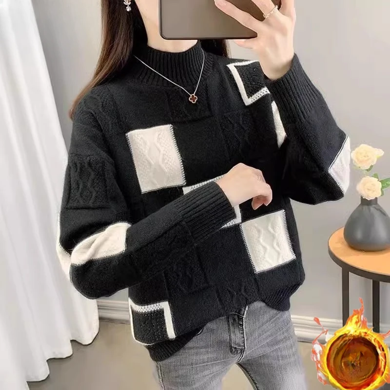 

Новинка 2024, женский свитер с полувысоким воротником на осень и зиму, женские свободные вязаные топы, женский свитер с длинным рукавом, модель R122