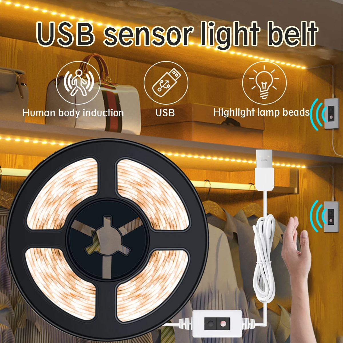 LED 백라이트 센서 조명, DC 5V 램프, USB 모션, TV 주방 LED 스트립, 손 흔들기, 온 오프 다이오드 조명