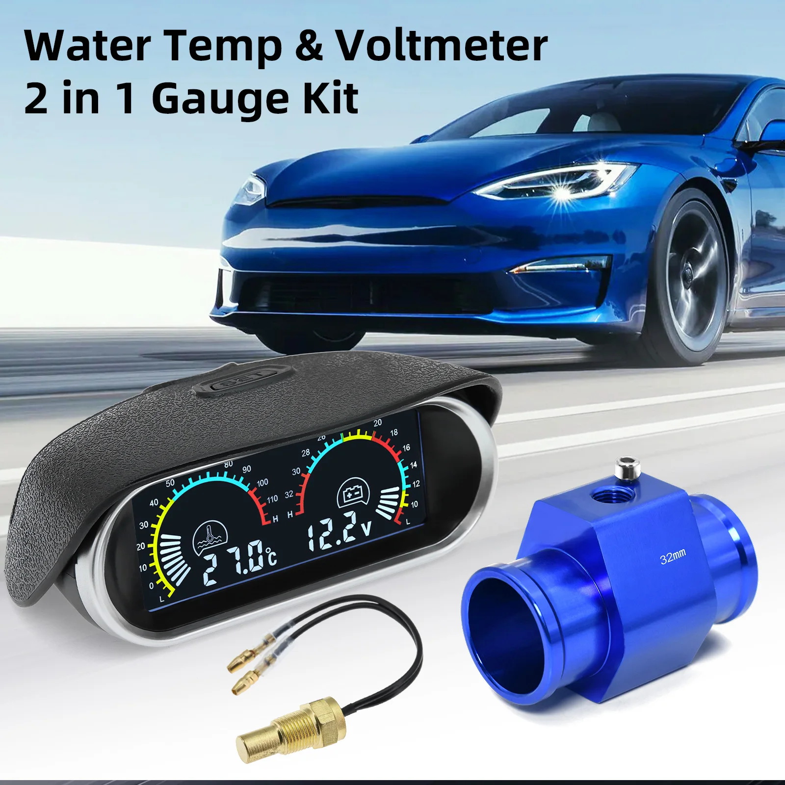 Car 2 in 1 LCD Digital Display Voltmeter Gauge & Water Temp Temperature Gauge Universal Car Truck With 26mm-40mm Adapter Automobile Gauge