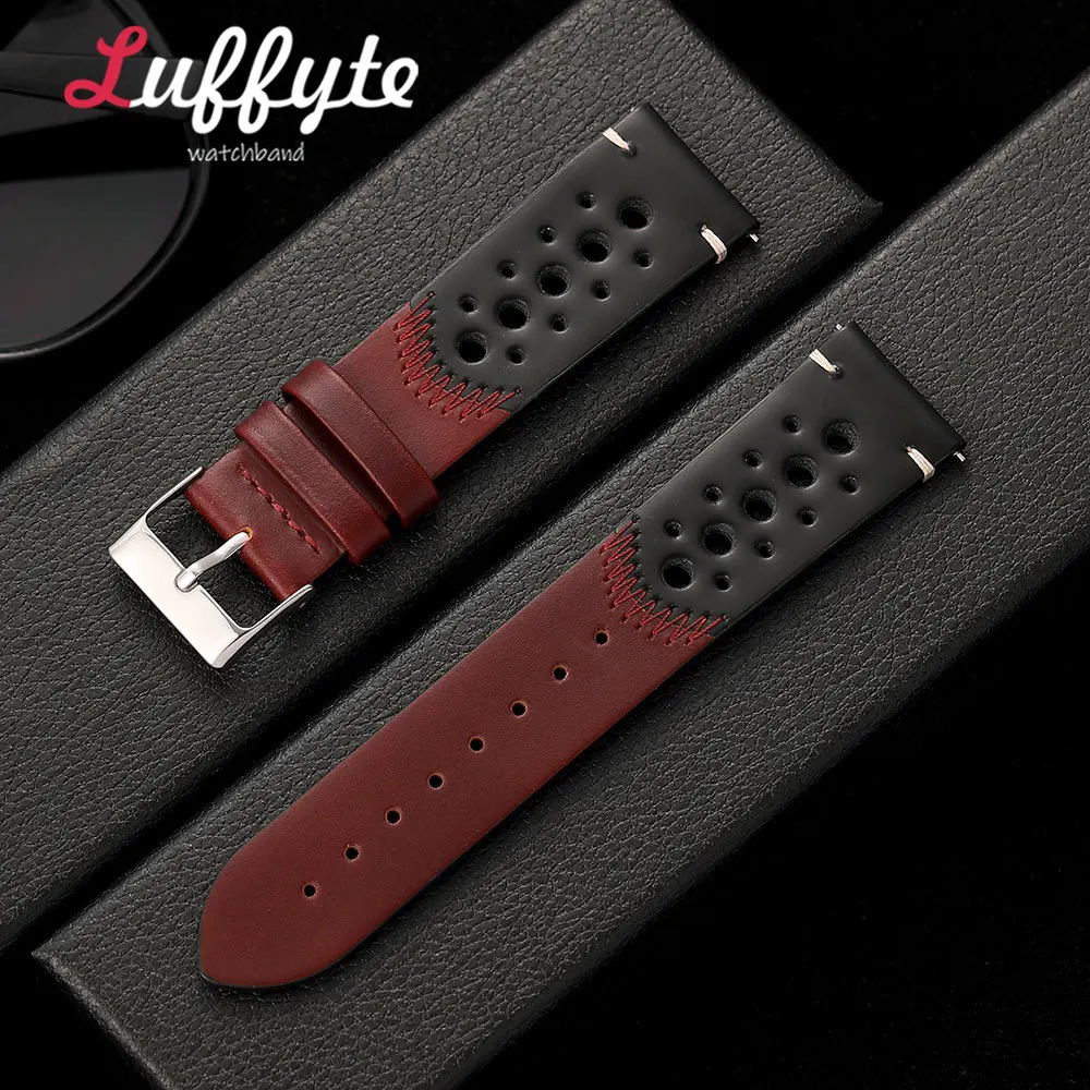 Vintage Oil Waxed Leather Watch Strap with Quick Release and Personalized Stitching