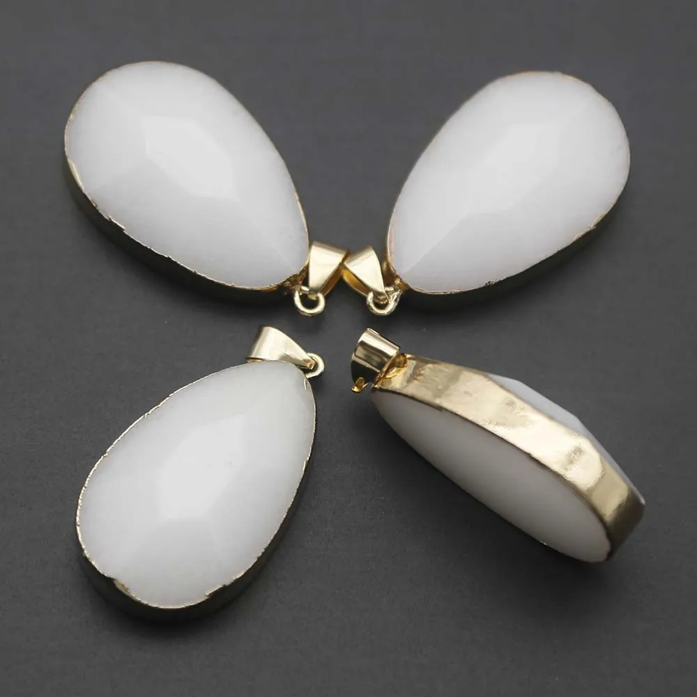 New Natural Stone White Jade Drop Pendant Gold Edge Charm Earrings Necklace DIY Jewelry Accessories Wholesale 6Pcs free shipping