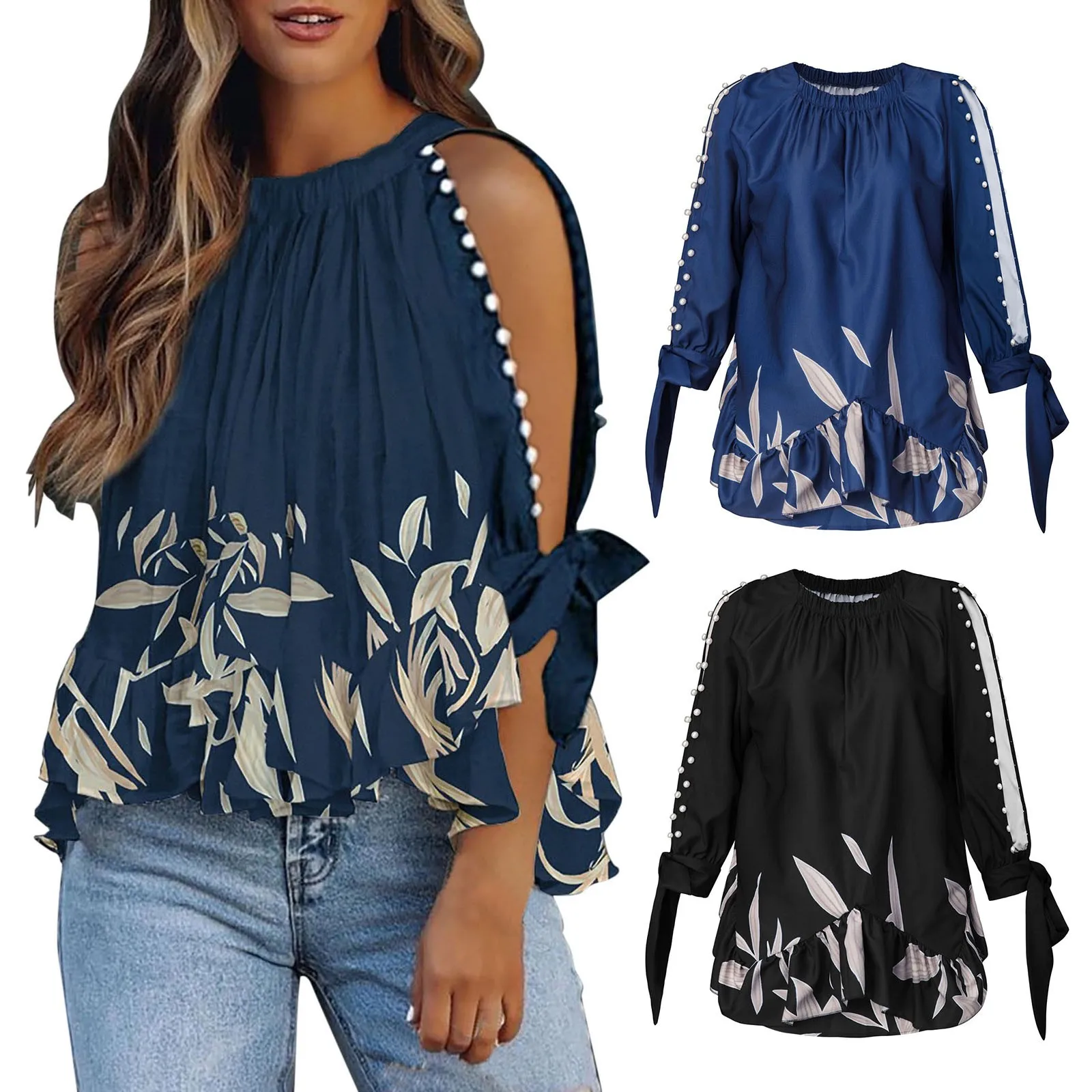 

Women's Casual Summer Daily Round Neck Hollow Design Bead Decoration Floral Print Long Sleeve T Womens Polyester Spandex Shirt