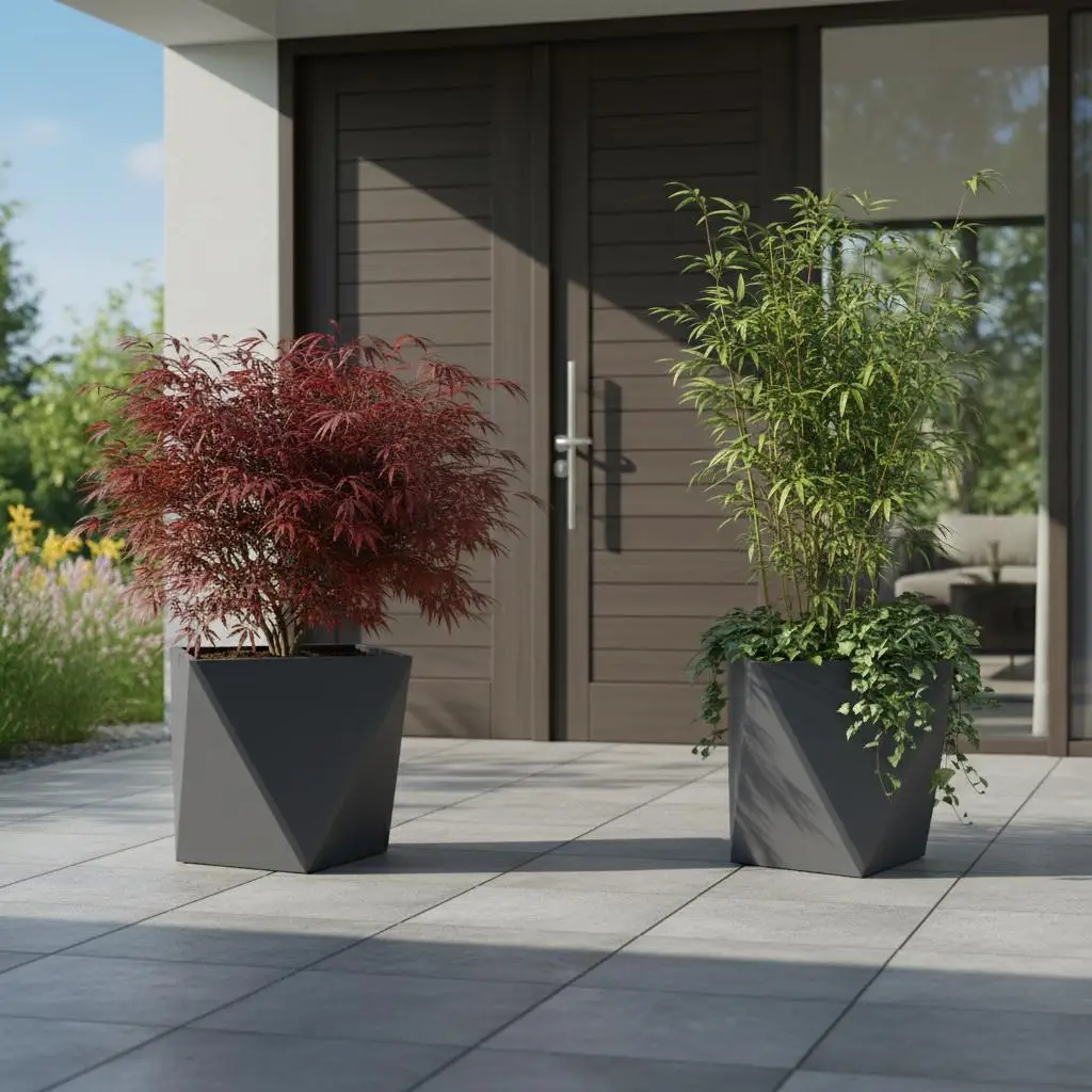2er-Set Anthrazitfarbene Pflanzkübel 50x50x50 cm aus Stahl Quadratischer Anthrazitfarbener Pflanzkübel im Modernen Design für den Außenbereich – Detail 1