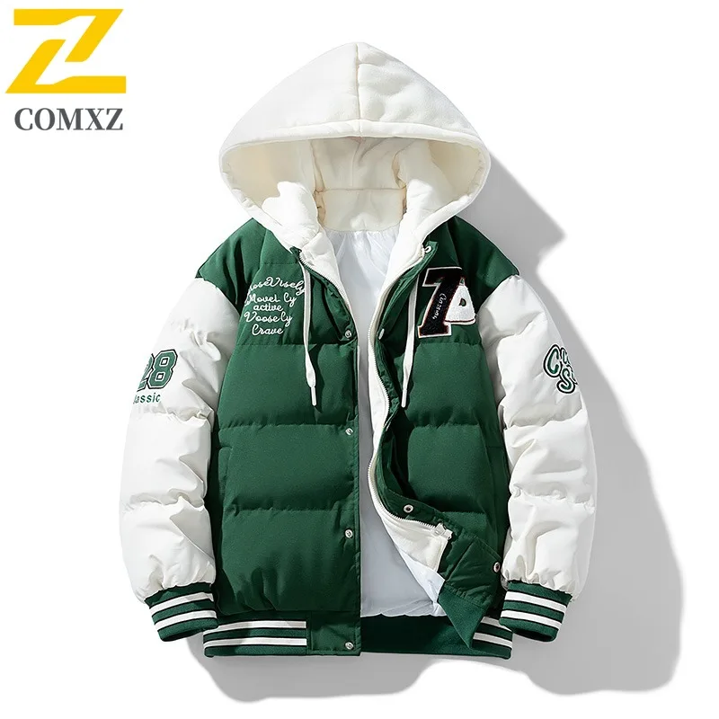 COMXZ 2025 New Teen Men Fake Two-Piece Cotton Jacket Hooded Thickened Trendy Stitch Winter sport Outerwear School Daily Outings​
