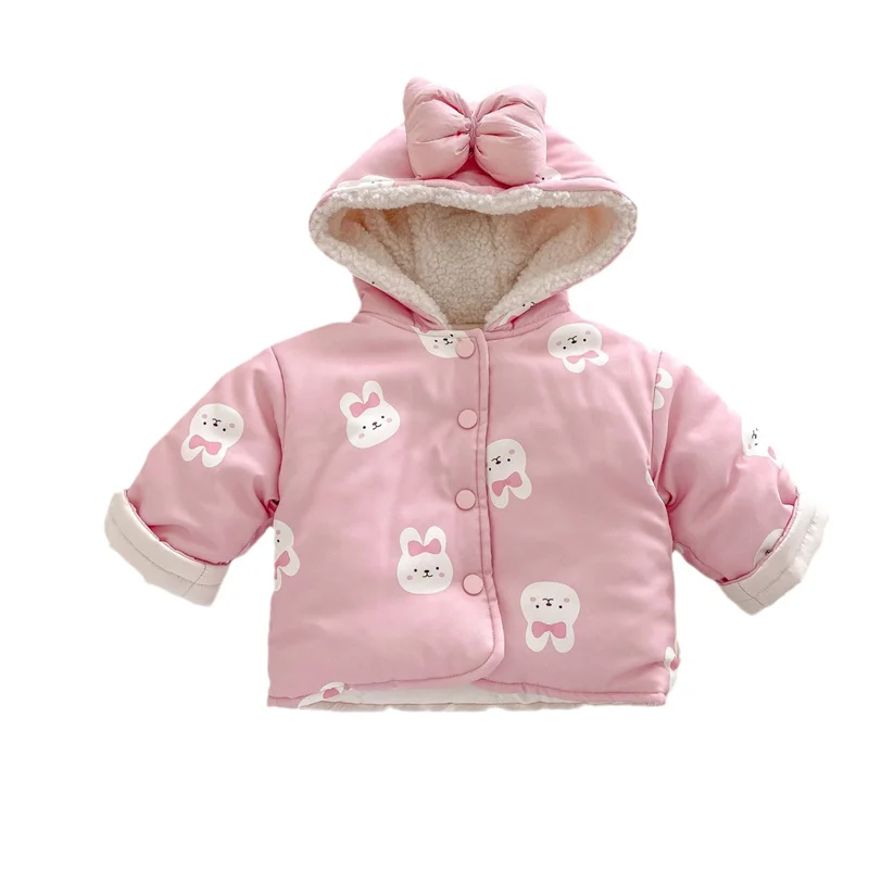 Children's Winter Coat Pink Bow New Hooded and Velvet Warm Thick Cotton Jacket Kids Outerwear Hoody for Girl