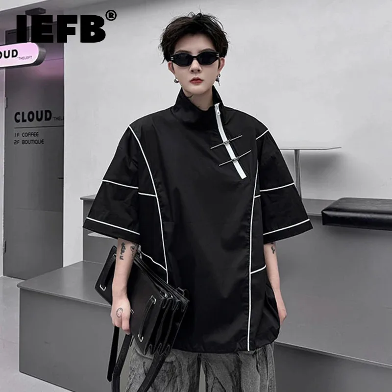

IEFB Summer New Men's T-shirt Line Design Contrast Color Zipper Loose Short Sleeve Trendy Versatile Stand Collar Male Top 8W3268