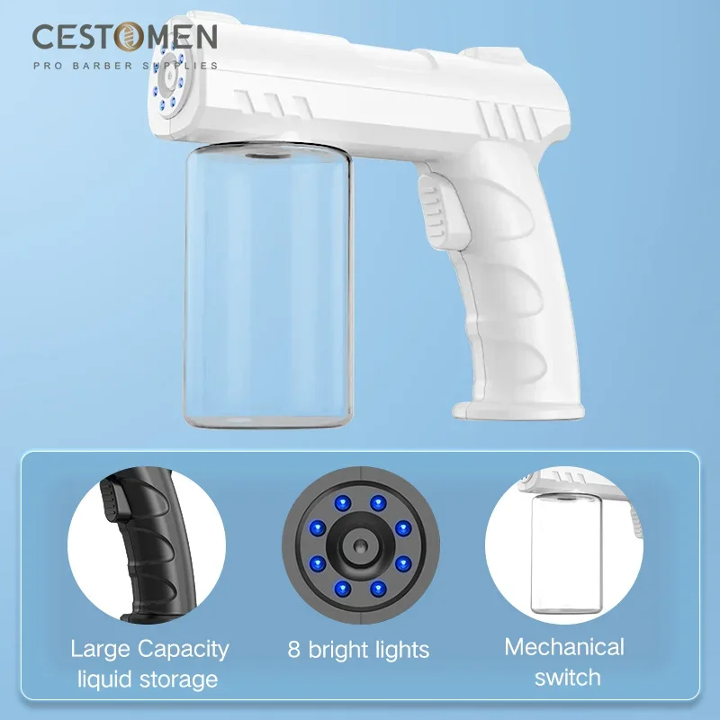 CESTOMEN 280ml Portable Wireless Sprayer USB Nano Blue Light Steam Spray Atomizer Hair Salon Barber Men Aftershave Spray Tools
