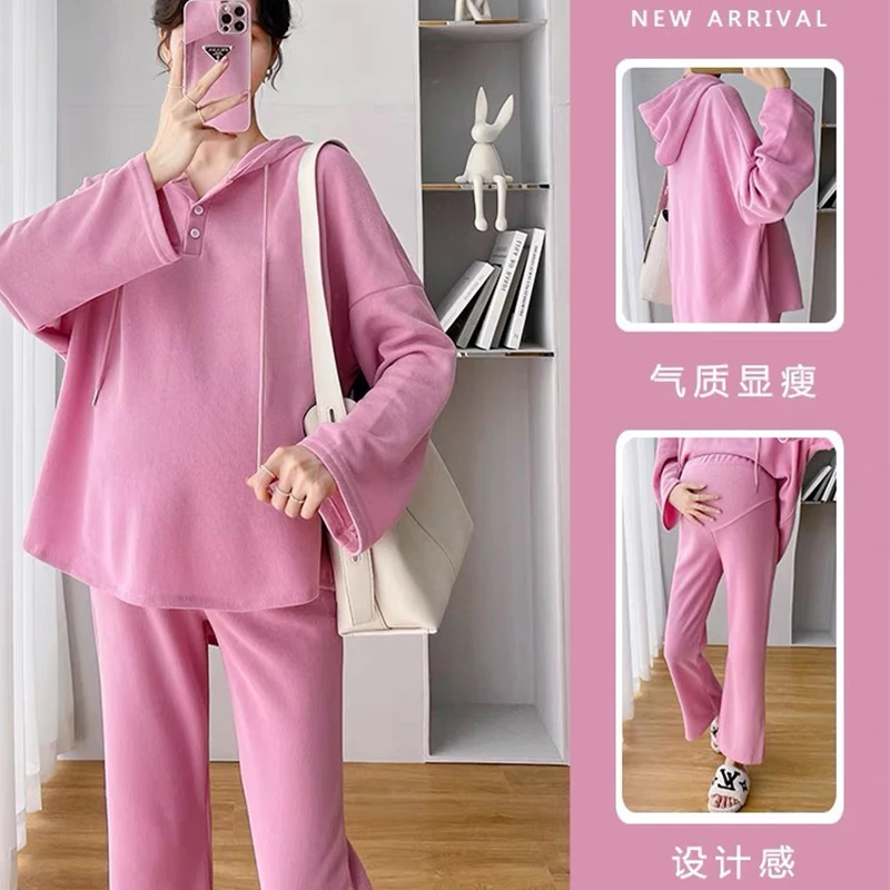 Spring and Autumn Hooded Long Sleeved Pregnant Women's Pants Two-piece Set Casual Maternity Sports Clothes Sets Plus Size Suits