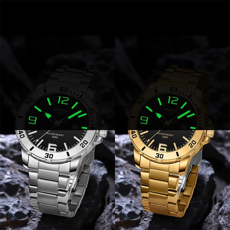 NIBOSI New Gold Quartz Watch for Men Sports Stainless Steel Waterproof Luminous Classic Mens Watches Top Brand Luxury Wristwatch