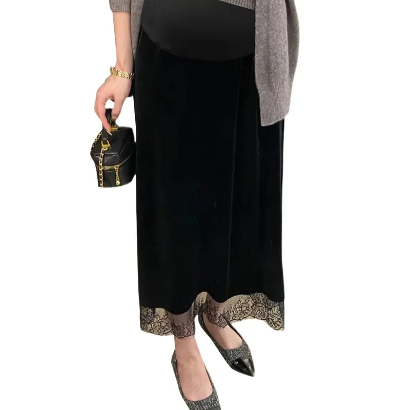 Maternity Black Thick Velvet Half Skirt Autumn Winter Lace Wrap Body Long Straight Split Skirt Comfortable Stretchy Maternity Dr