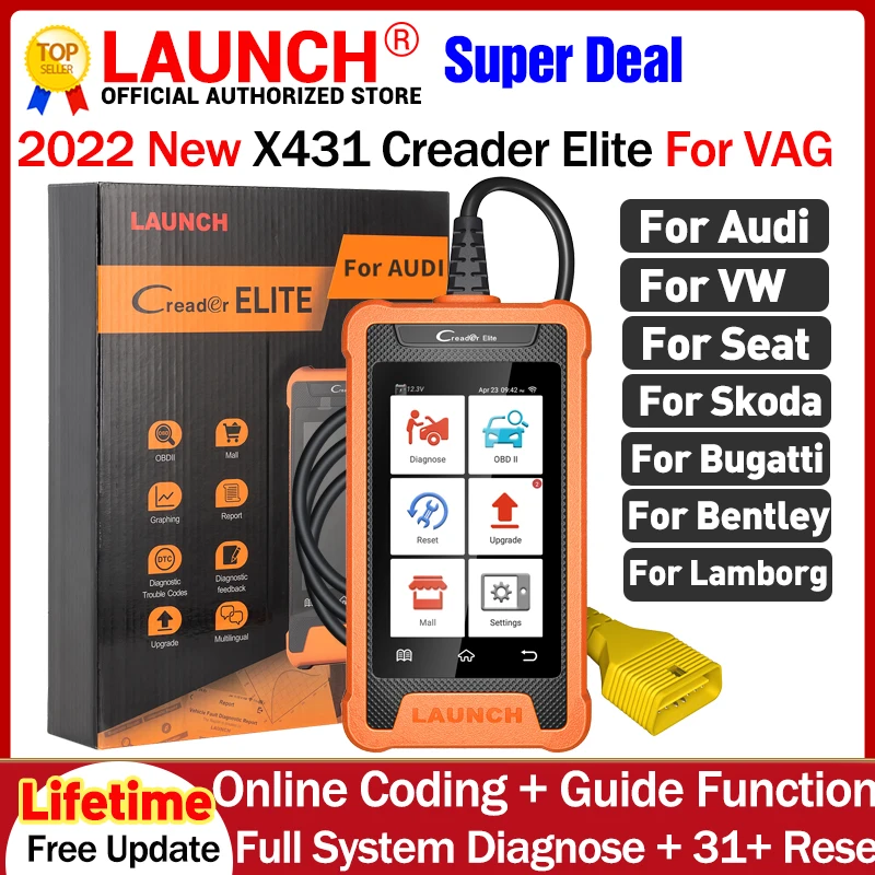 LAUNCH X431 Creader Elite for VAG Professional Full System Diagnostic Tools Online ECU Coding 31+ reset Function OBD2 Scanner automotive diagnostic scanner