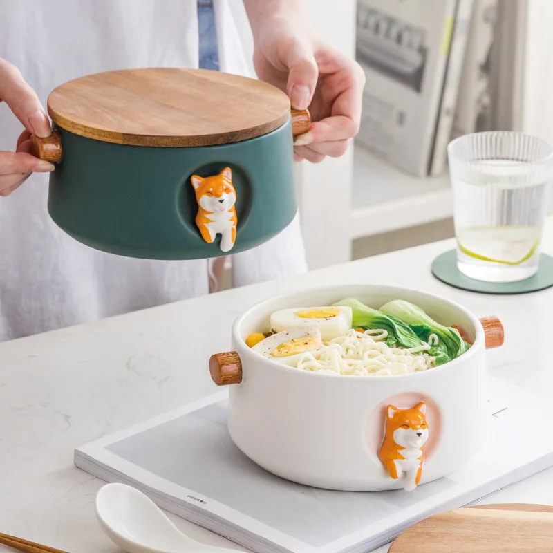 

Creative Ceramic Cartoon Shiba Inu Bowl Large with Covered Spoon Student Dormitory Instant Noodles Cup Bowl Set Bento Box Gift