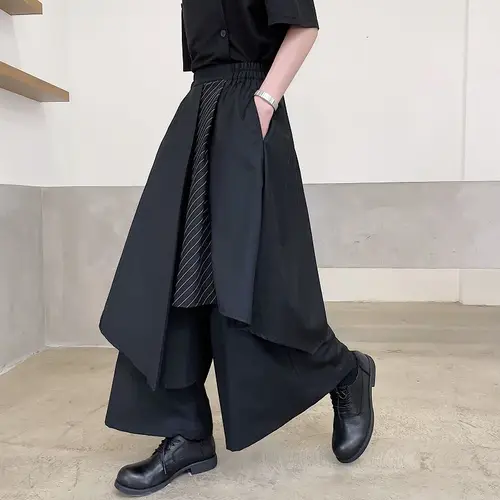 ARENS Japan Sstreetwear 패션 남성용 블랙 바지, 새로운 스트라이프 대비 컬러 패치 워크 불규칙한 느슨한 발목 길이 바지 2023 3