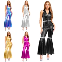 Adult Womens 70s Disco Rompers Lapel V Neck Sleeveless Front Zipper Sequins Bell Bottom Long Pants Jumpsuit Retro Jazz Dancewear - Image 6