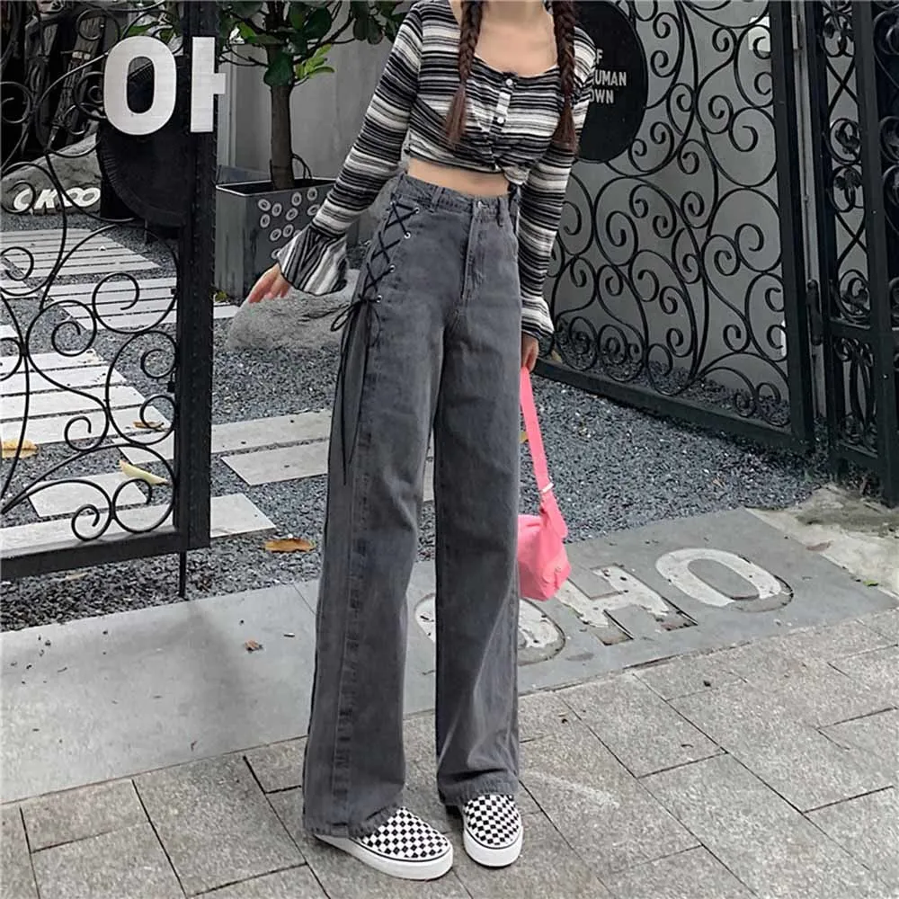 

High Waist Women's Jeans 2022 Summer New Design Sense Bandage Baggy Trouser Straight Denim Pants Vintage Casual Wide Leg Jeans