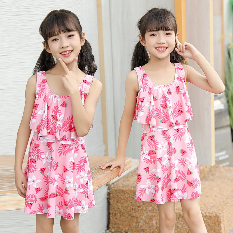 Two Pieces Girls Swimsuit Summer Beach Swimwear Skirt With Underwear Short Sleeve Kids Vacation Clothes For Girl Sportswear