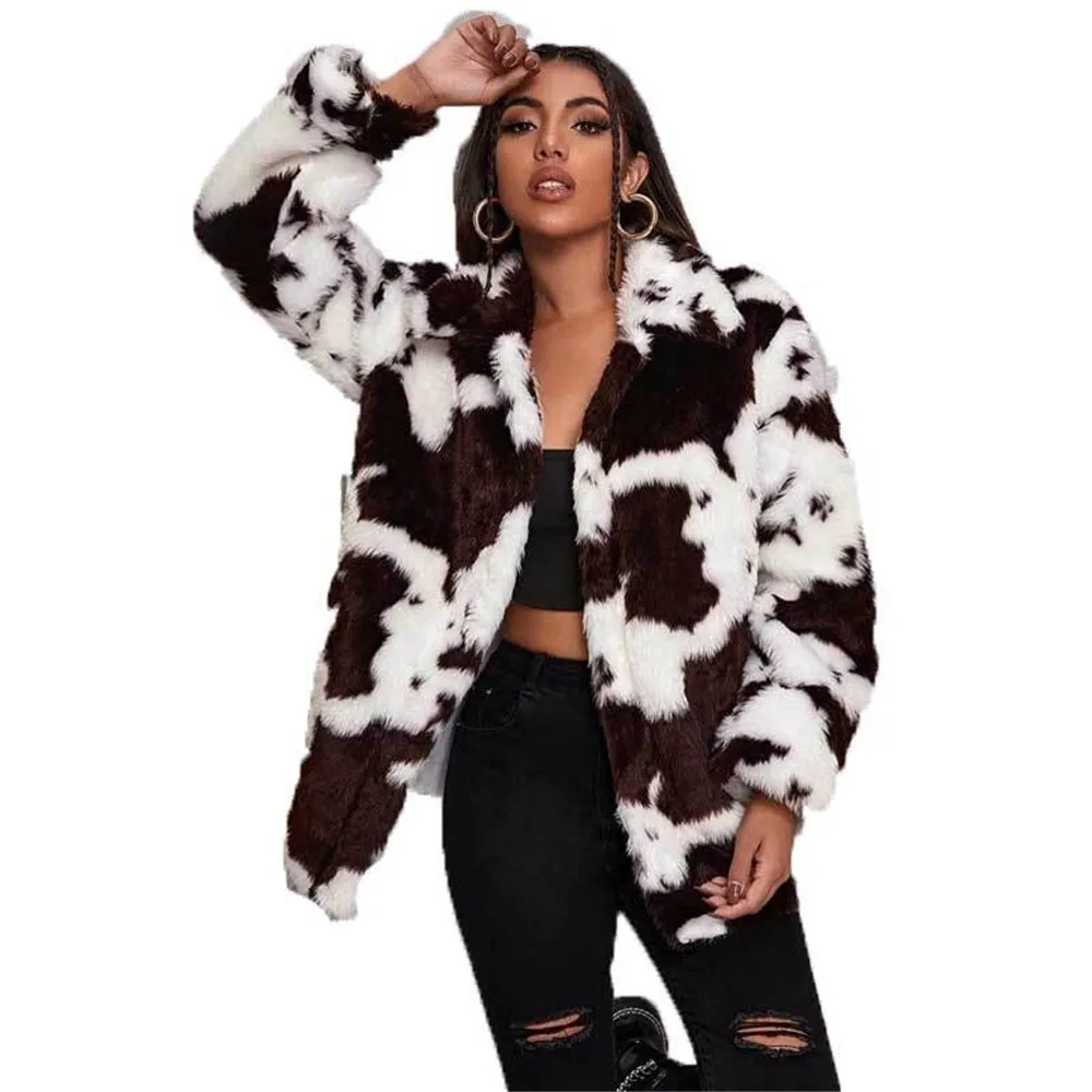 Trendy2KImitation Fur 'S Autumn Winter Cow Print Black And White Women'S  Casual Loose Rabbit Hair Warm Coat