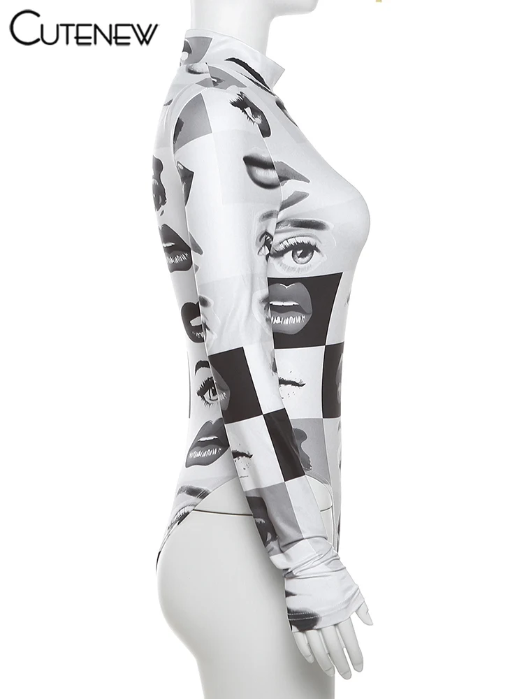 Body de manga larga con cuello alto y estampado de patchwork para mujer, nuevo top liso de moda, ropa de fiesta para club, ropa de calle de otoño