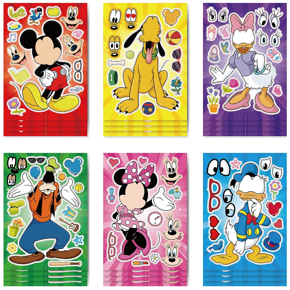 6/12Sheets Disney Mickey Mouse Children Puzzle Stickers Make-a-Face Funny Assemble Jigsaw Cartoon Sticker Kids Educational Toys