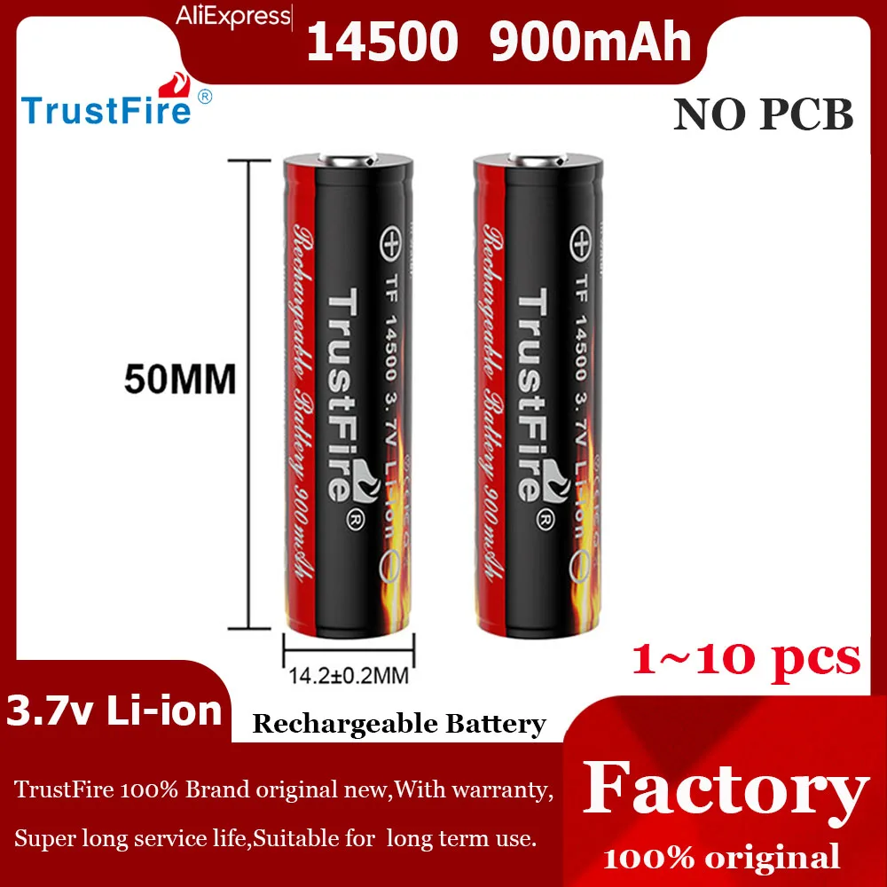 

TrustFire 14500 900mAh 100% Capacity 3.7V Li-Ion Rechargeable Battery (NO PCB) For Camera/Led Flashlight Headlamps Toys Etc