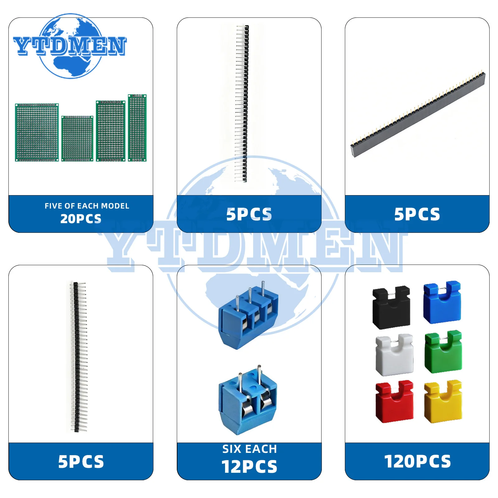 20PCS 단면 PCB 보드 키트 + 액세서리(1x40Pin 2.54mm 남성/여성 헤더 + 점퍼 캡 + KF301 터미널) Arduino DIY용