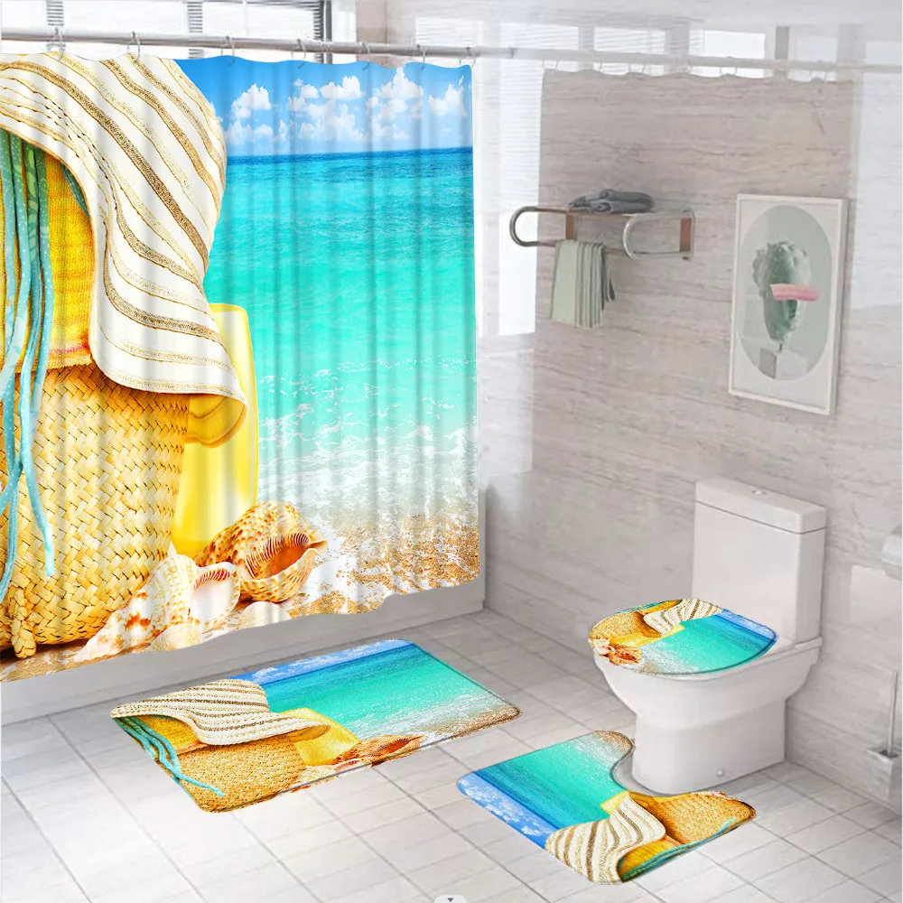 Blue Ocean Beach Bathroom Curtain Sets Tropical Natural Scenery Conch Shell Shower Curtains With Bath Mat Rug Toilet Seat Cover