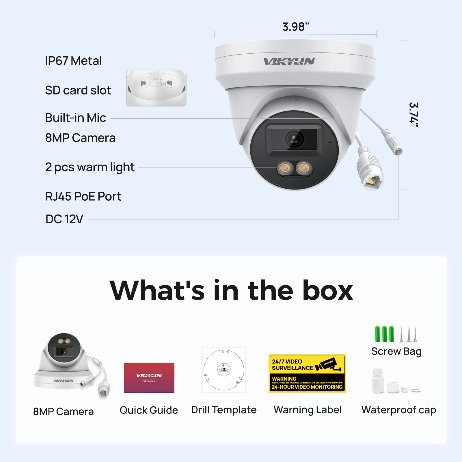VIKYLIN 8MP IP Security Camera Poe 4K Full Color Night Vision Human Vehicle Detection Surveillance Support SD Storage ONVIF IP67 6
