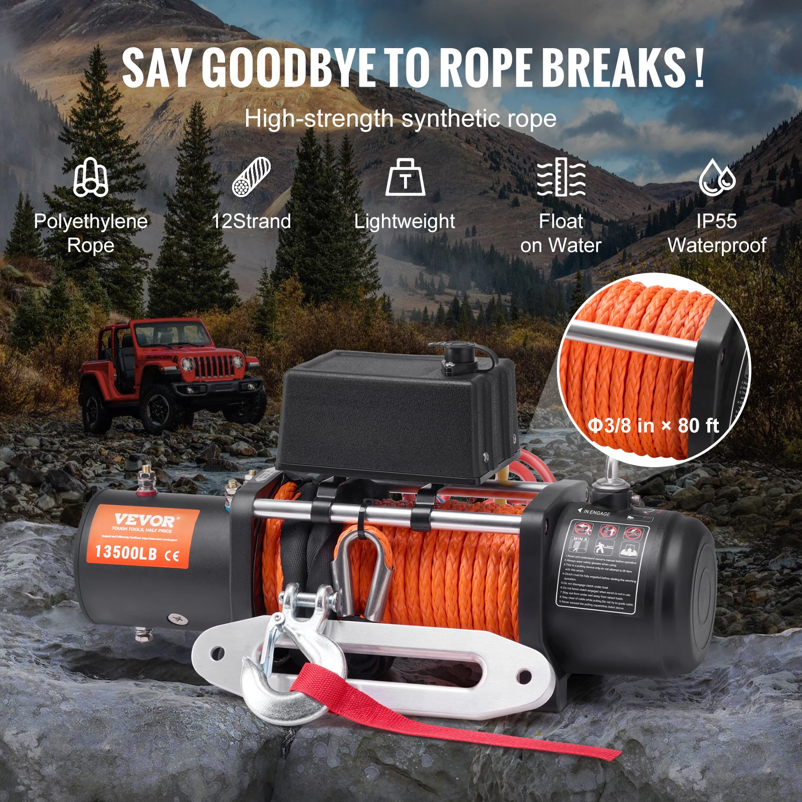 VEVOR 13500lbs Electric Winch Car Truck Winch with 80ft Synthetic Rope Wireless & Wired Remote Control for Towing Off-Road SUV electric winch