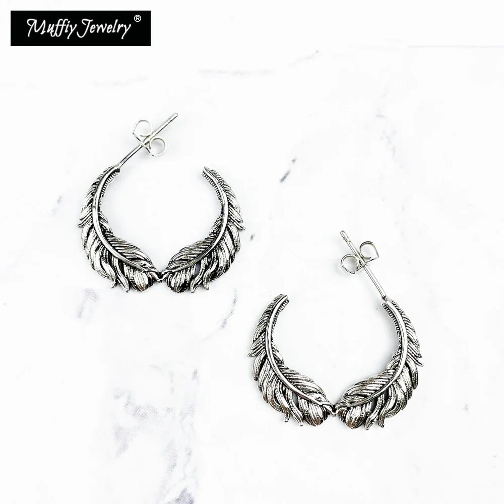 Hoop Earrings Feathers Wings 925 Sterling Silver Blackened Fine Jewelry