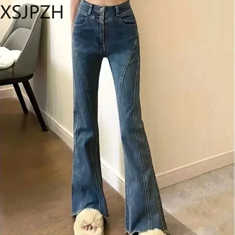 Xsjpzh 2023 Spring New Stretch Slender Jeans Young Female High Waist Design Sense Versatile Nine Points Trousers Tassel Style