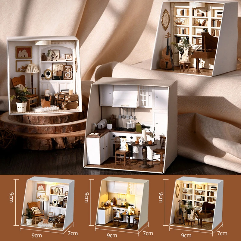 DIY Paper Mini Doll Houses Miniature Building Kits Study Room Kitchen Casa With Lights Dollhouse for Adults Birthday Gifts 6